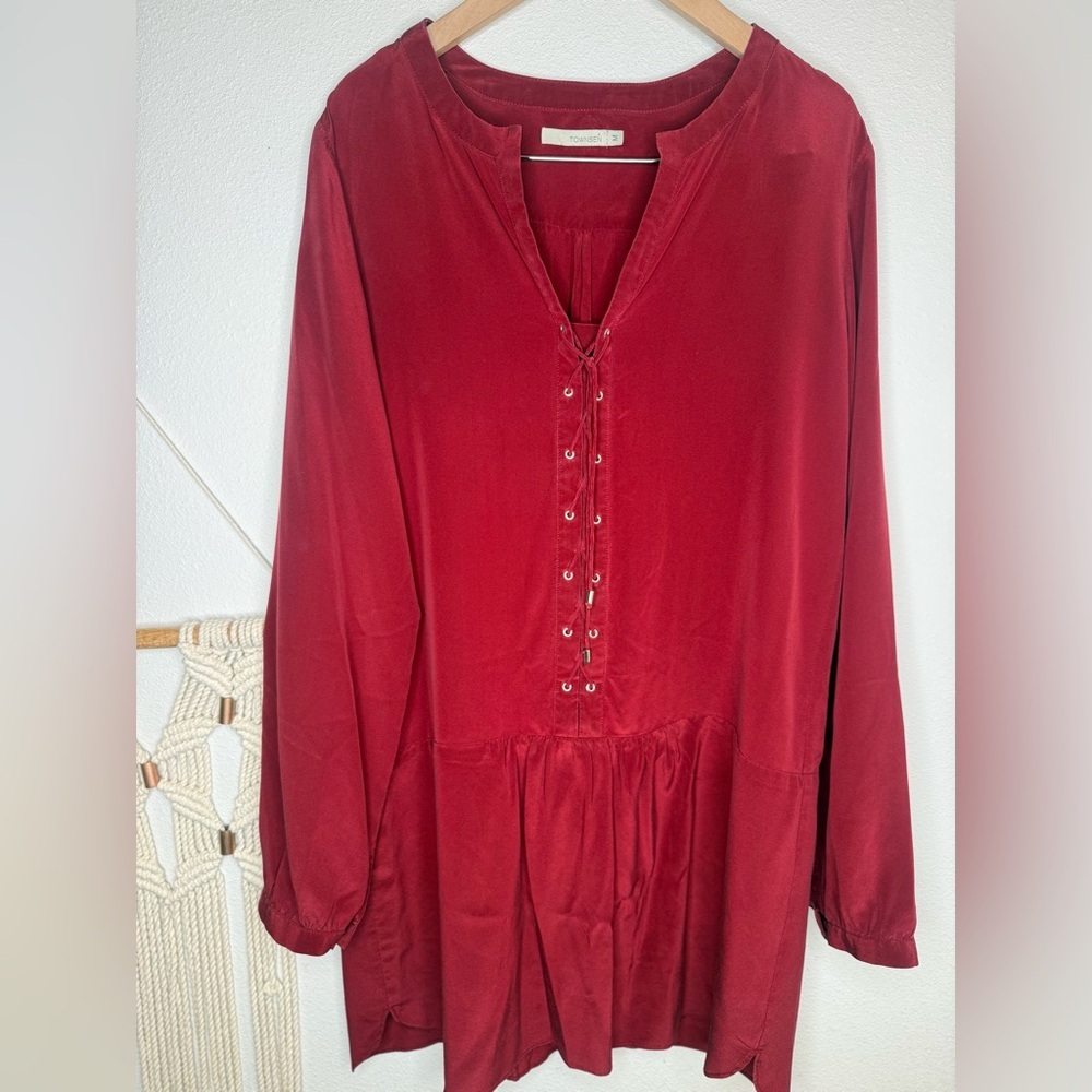 TOWNSEN Blouse Red Cranberry Silk Lace up front Long Sleeve Tunic Dress Top